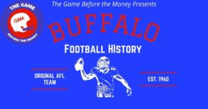 A graphic celebrating the history of the Buffalo Bills professional football team.