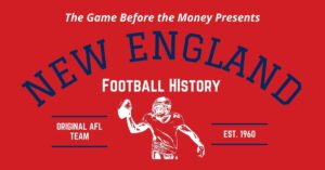 A graphic celebrating the history of the New England Patriots professional football team.